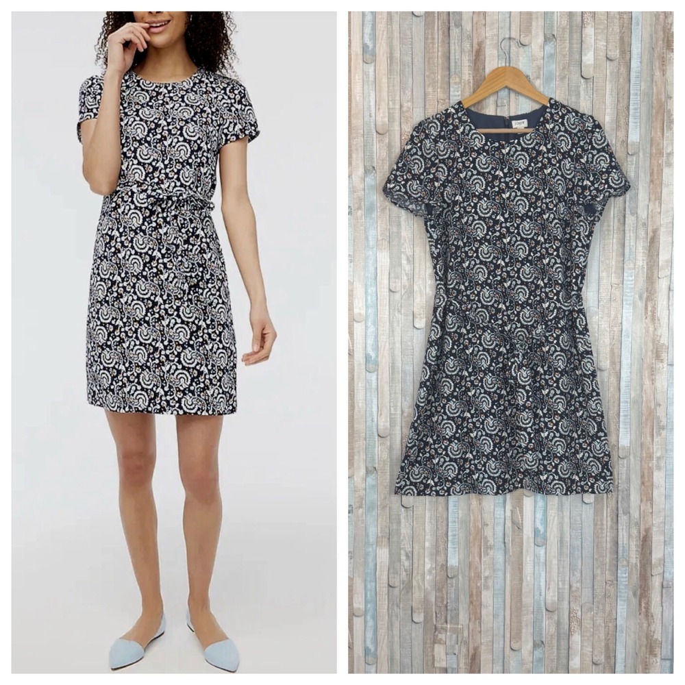 J‎ Crew 12 Navy Floral Paisley Belted Suiting Dress Short Sleeve Office Sheath